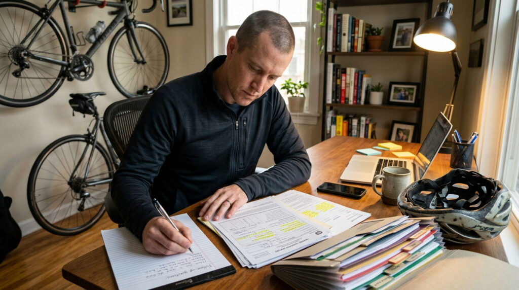 A cyclist reviewing incident paperwork at a home desk and writing follow-up questions, with a helmet and organized folder nearby.