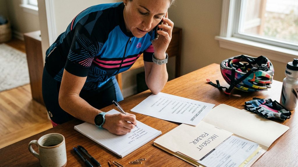 Cyclist writes down questions during a bicycle accident insurance call.