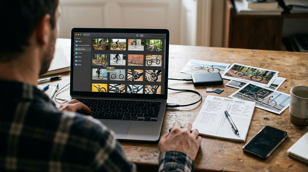 Cyclist sorts bicycle accident photos into folders on a laptop.