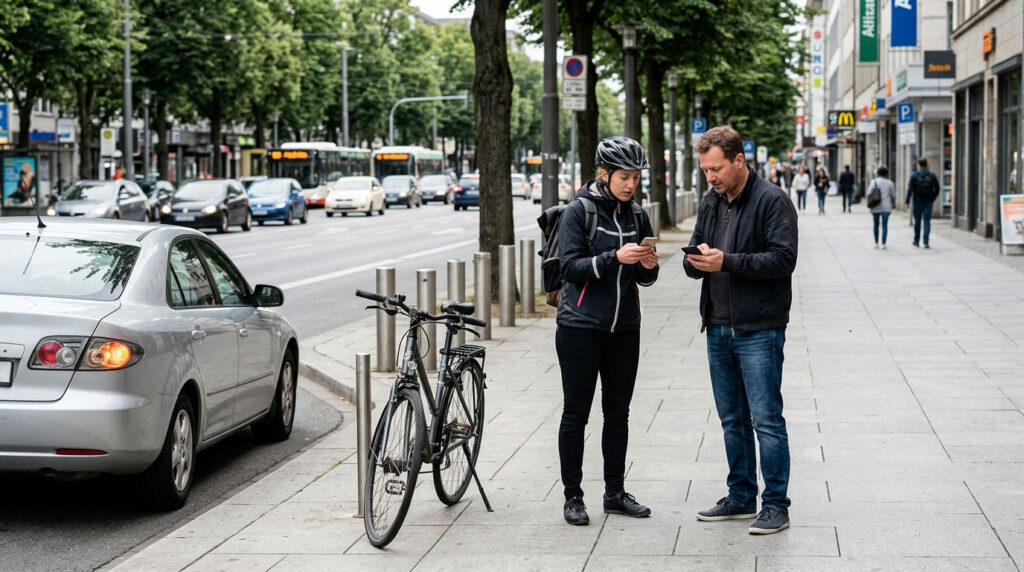 Cyclist and driver exchange information beside a bicycle after a crash.