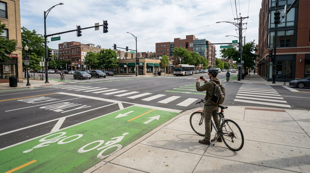Cyclist photographs road markings and an intersection from a safe sidewalk.