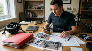Cyclist prepares for an insurance call with bicycle damage photos and paperwork.