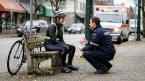 Emergency responder speaks with a cyclist beside a bicycle after a road crash.