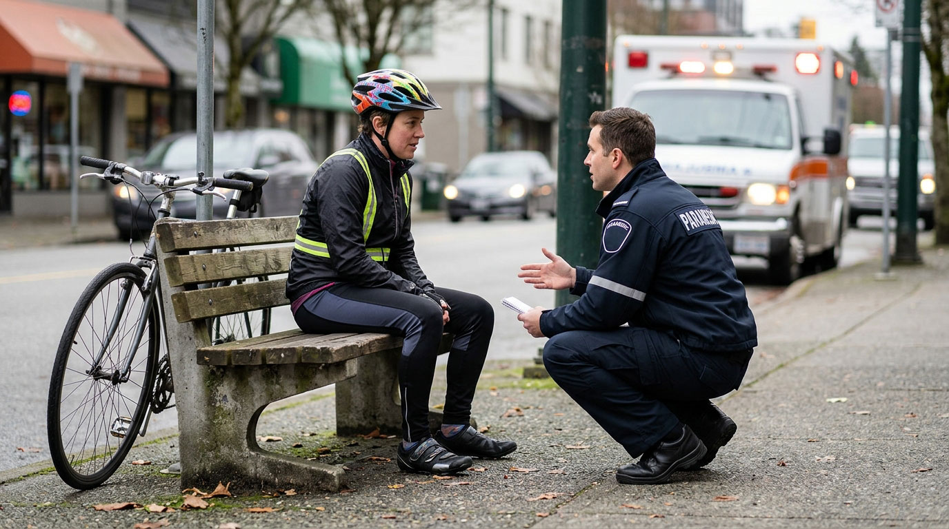 Emergency responder speaks with a cyclist beside a bicycle after a road crash.
