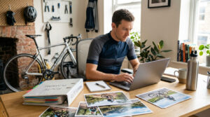 printed bicycle photographs in a bright home workspace. A bicycle is softly visible behind. Cyclist organizes bicycle accident photos and records at a home desk.