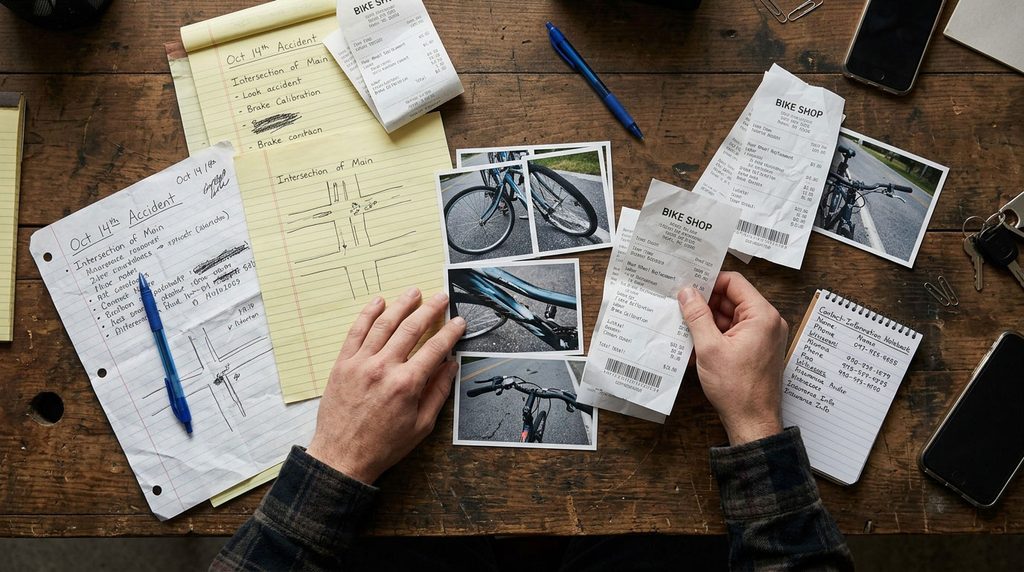 Hands arrange bicycle damage photos, receipts, and incident notes on a desk.