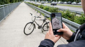 Hands photograph a damaged bicycle after a crash.