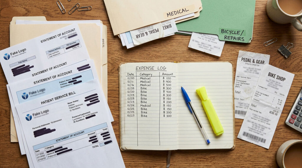 Organized medical bills, bicycle repair receipts, and an expense log on a desk.